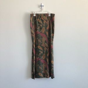 Vintage Green Floral Print Maxi Skirt with Slits